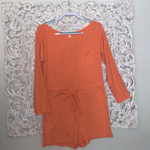 - Orange Knit Sweater Draw String Waist Romper - Picture 4 of 7